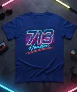 713 Houston neon text with city skyline graphic on a blue t-shirt