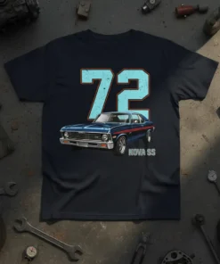 72 Nova SS t-shirt design with large '72' and illustration of a 1972 Chevrolet Nova SS car