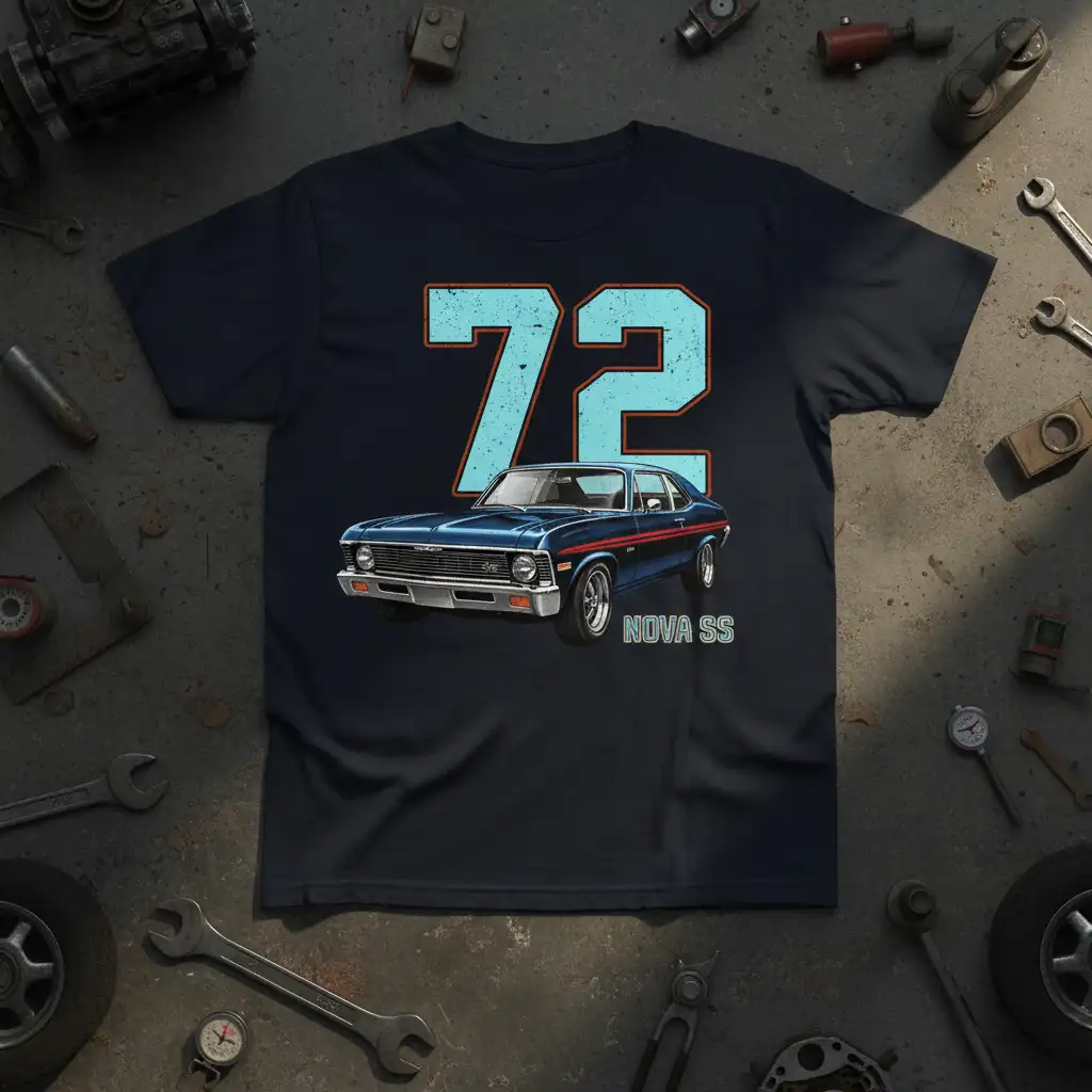 72 Nova SS vintage muscle car graphic tee design with classic auto illustration