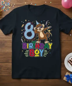 8 Birthday Boy Monkey Dabbing eye-catching graphic design printed on comfortable cotton t-shirt