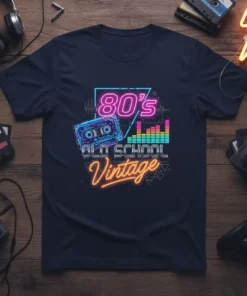 80's OLD SCHOOL Vintage design with a retro cassette tape and equalizer graphic on a navy t-shirt