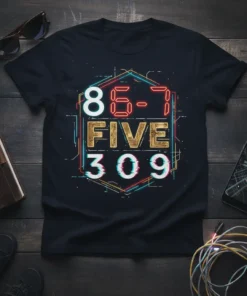 86-7 FIVE 309 text with retro digital art design on a black t-shirt