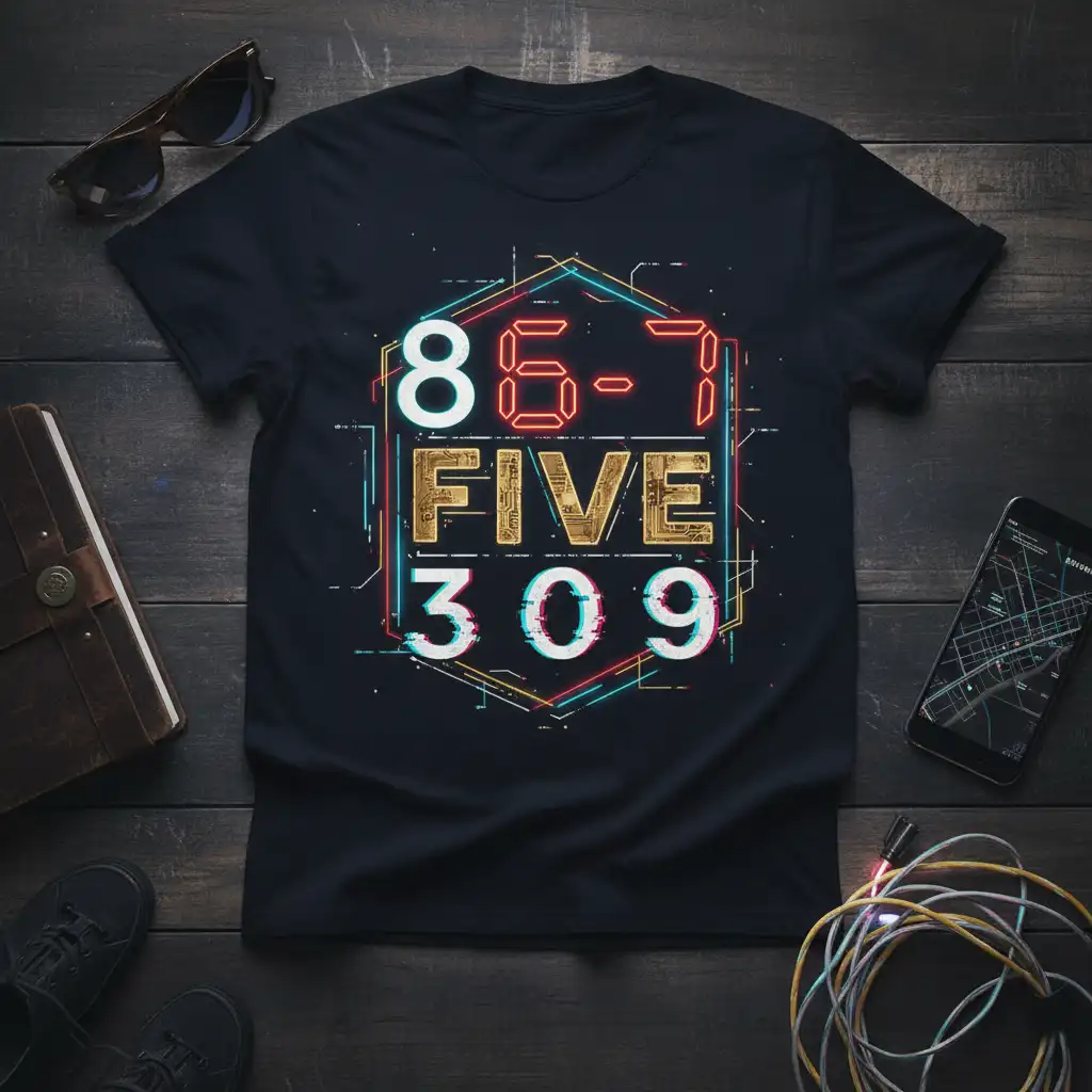 86-7 FIVE 309 text with digital circuit board and neon accents on black tee