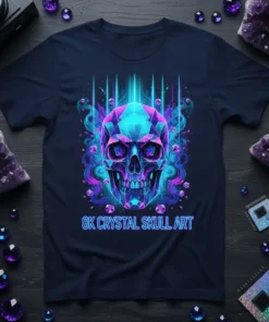 Neon 8K Crystal Skull Art T-Shirt design with geometric crystal skull and glowing blue and pink accents