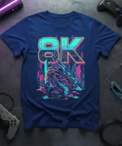 8K Dragon Cyberpunk T-Shirt with retro-futuristic neon city design and gamer aesthetic