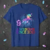 9th birthday t-shirt with a colorful unicorn and the text "9 Awesome Since 2010" in rainbow gradient
