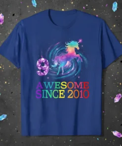 9th birthday t-shirt with a colorful unicorn and the text "9 Awesome Since 2010" in rainbow gradient