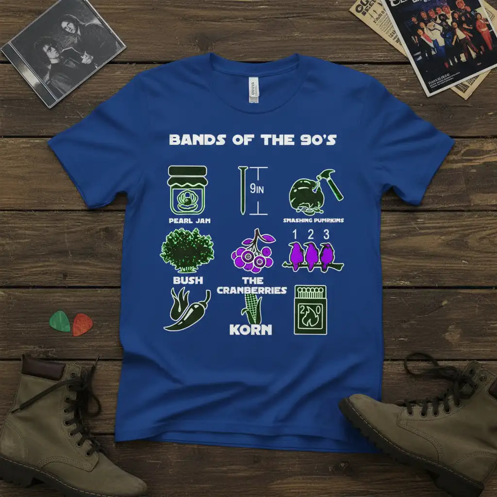 Bands of the 90's T-Shirt unique artwork printed on durable material creating a standout t-shirt