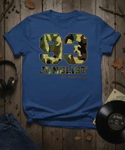 Blue t-shirt with "93 JUNGLIST" in camouflage font and "Soul Visible Apparel" below, featuring jungle music theme