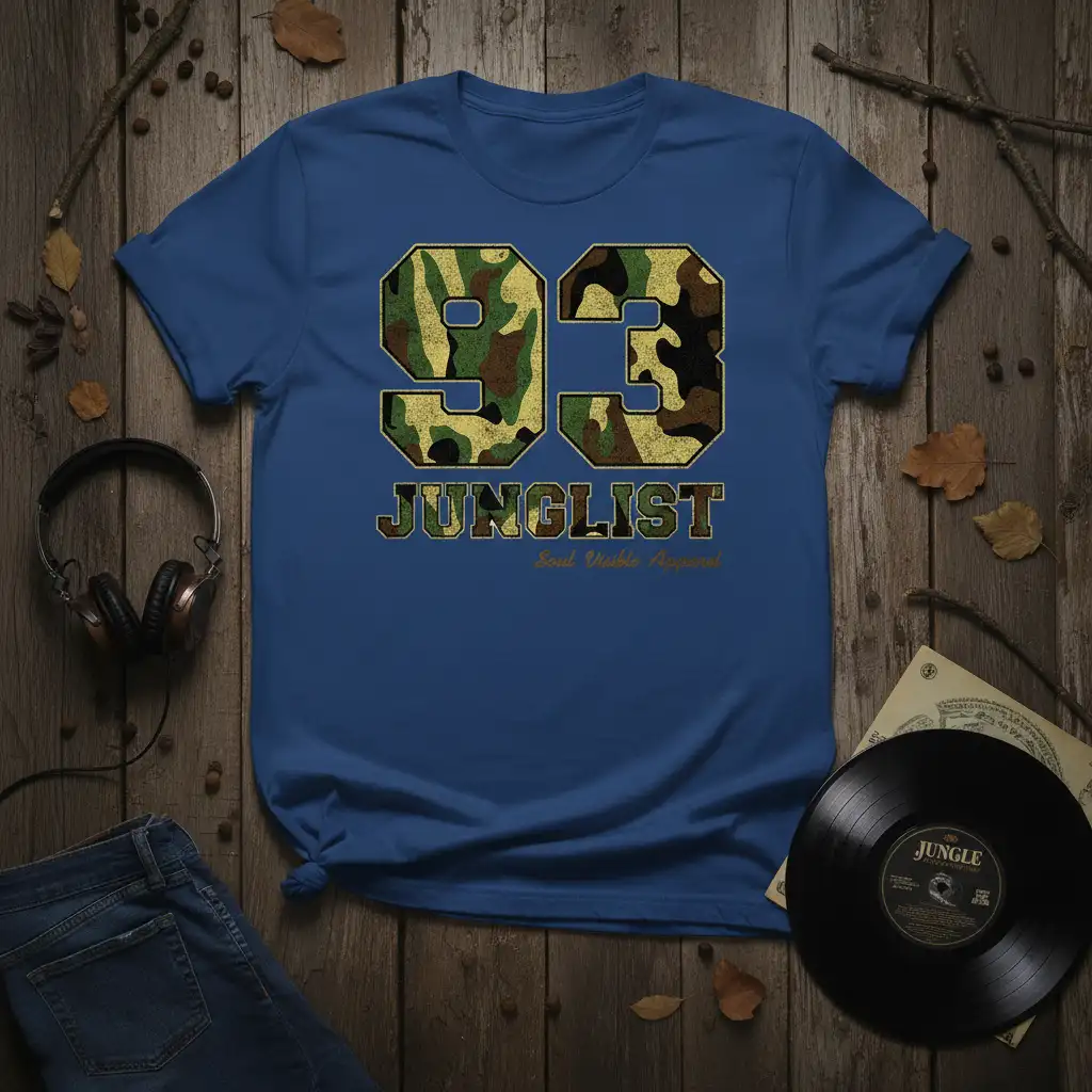 Blue t-shirt featuring the 93 JUNGLIST text in camouflage, a tribute to jungle music culture