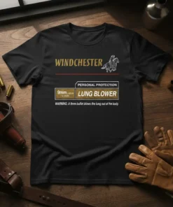 Black t-shirt with "9mm bullet blows the lung out of the body" text, featuring Winchester branding and personal protection graphics