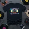 Retro cassette tape design with text "A BEST OOF 1981" in neon colors, printed on a black t-shirt
