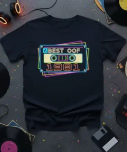 Retro cassette tape design with text "A BEST OOF 1981" in neon colors, printed on a black t-shirt