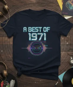 A Best of 1971 retro t-shirt design with a vintage cassette tape graphic and sound wave elements