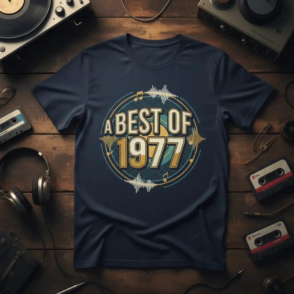 A Best Of 1977 vintage music t-shirt design with retro circular graphic and audio wave elements