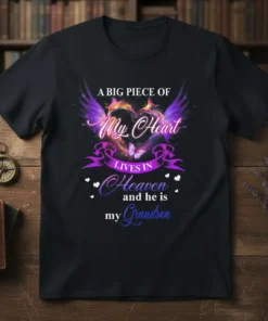 T-shirt design with text "A Big Piece of My Heart Lives in Heaven and He Is My Grandson," featuring purple