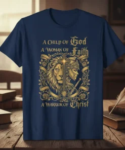 A Child of God A Woman of Faith A Warrior of Christ quote with lion and warrior graphic on navy