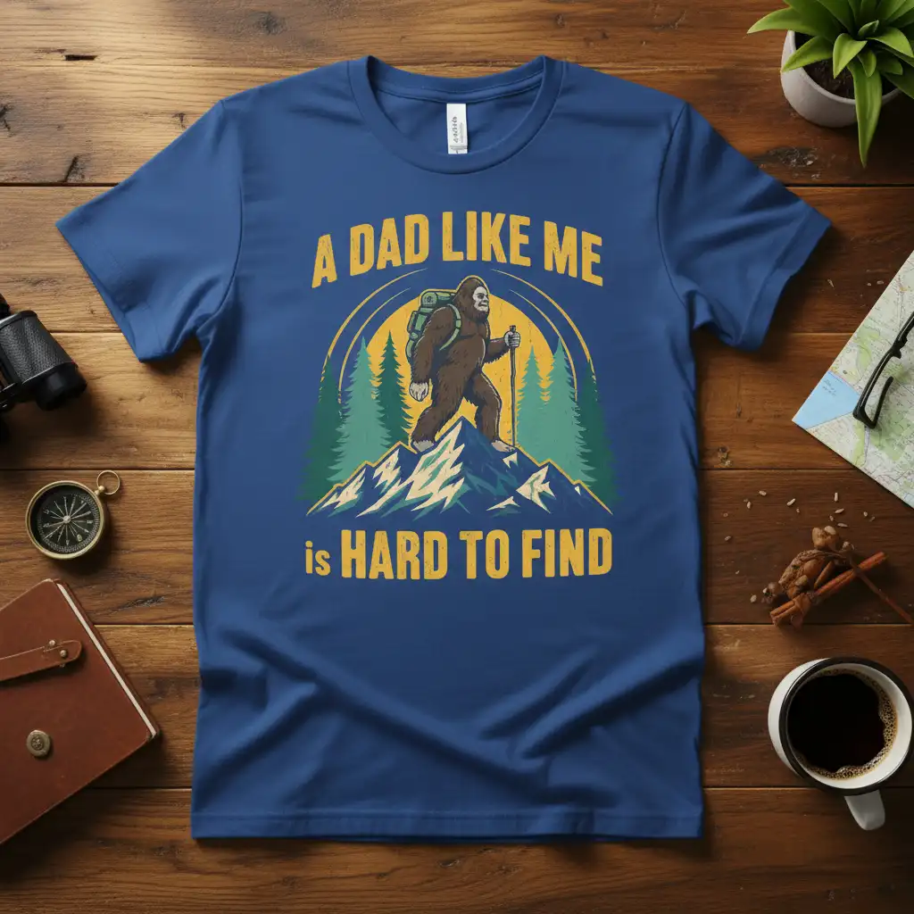 Bigfoot hiking on a mountain with the quote A Dad Like Me is Hard to Find on a t-shirt