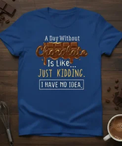 A Day Without Chocolate Is Like... JUST KIDDING. I HAVE NO IDEA. text with melting chocolate graphic on a blue
