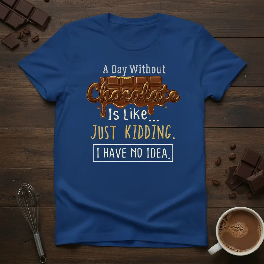 A Day Without Chocolate Is Like... JUST KIDDING. I HAVE NO IDEA. humorous quote design with melting chocolate bar graphic