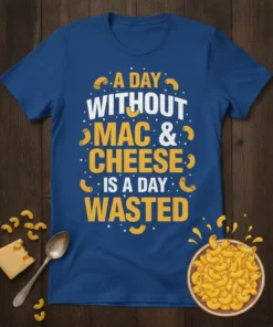A Day Without Mac & Cheese Is A Day Wasted quote in yellow and white text with macaroni graphics on