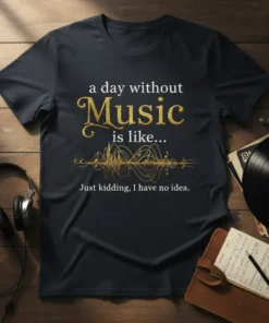 T-shirt with the quote "a day without Music is like... Just kidding, I have no idea." featuring golden musical notes