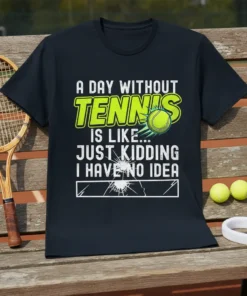 A day without tennis is like just kidding I have no idea quote on a black t-shirt with tennis ball