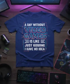 A Day Without Video Games is Like Just Kidding I Have No Idea quote on a blue t-shirt, with glitch