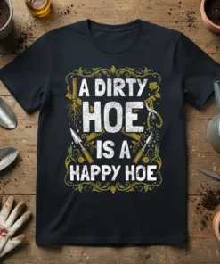 A Dirty Hoe Is A Happy Hoe gardening quote t-shirt with spade and watering can graphics