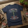 Navy t-shirt with "A Dirty Hoe Is A Happy Hoe" text and garden tool graphic for gardeners