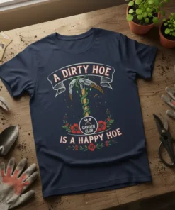 Navy t-shirt with "A Dirty Hoe Is A Happy Hoe" text and garden tool graphic for gardeners