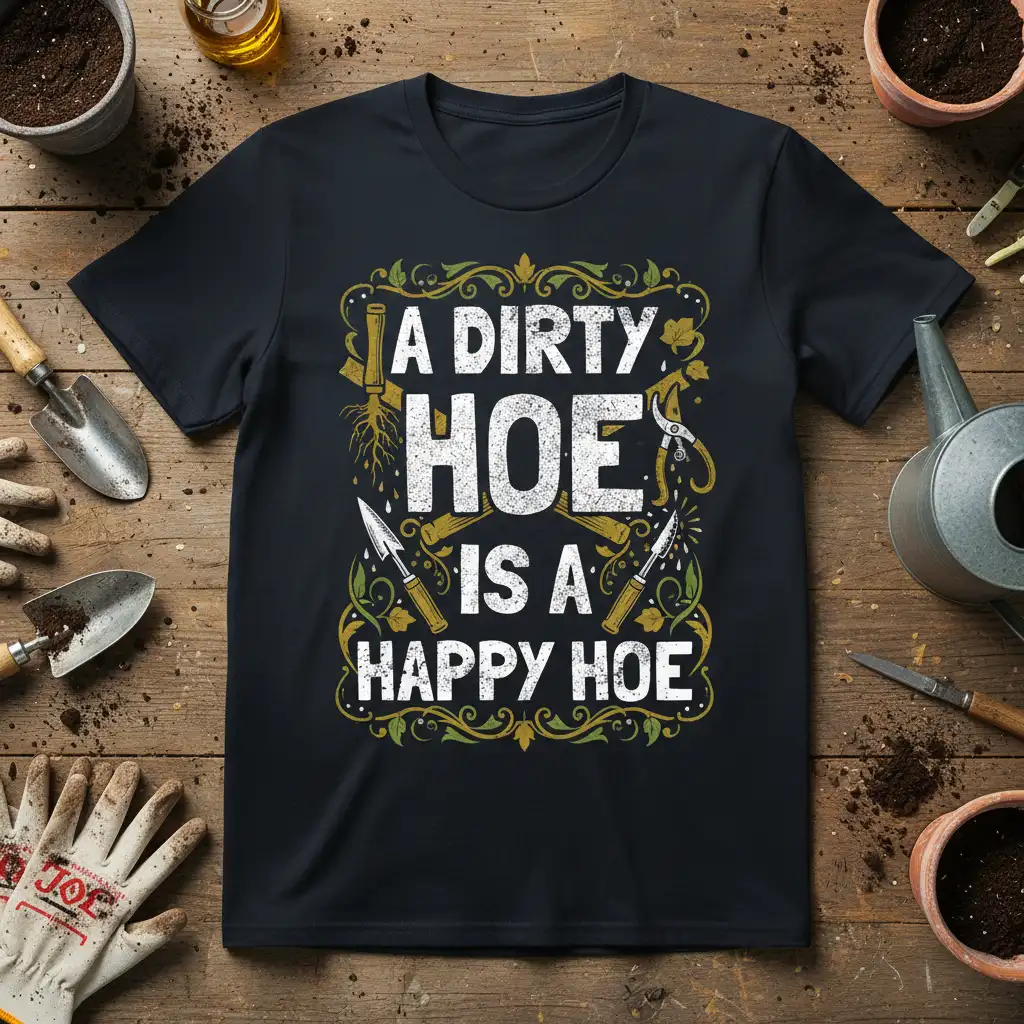 A Dirty Hoe Is A Happy Hoe quote t-shirt with vintage gardening tools and leafy border design