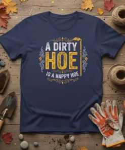 A Dirty Hoe Is A Happy Hoe quote on a navy t-shirt, featuring vintage distressed typography and gardening tool graphics