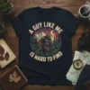 A Guy Like Me Is Hard To Find Bigfoot T-Shirt featuring a cryptid in a forest landscape with stars and
