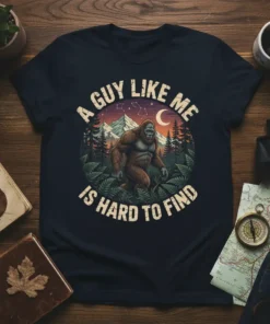 A Guy Like Me Is Hard To Find Bigfoot T-Shirt featuring a cryptid in a forest landscape with stars and