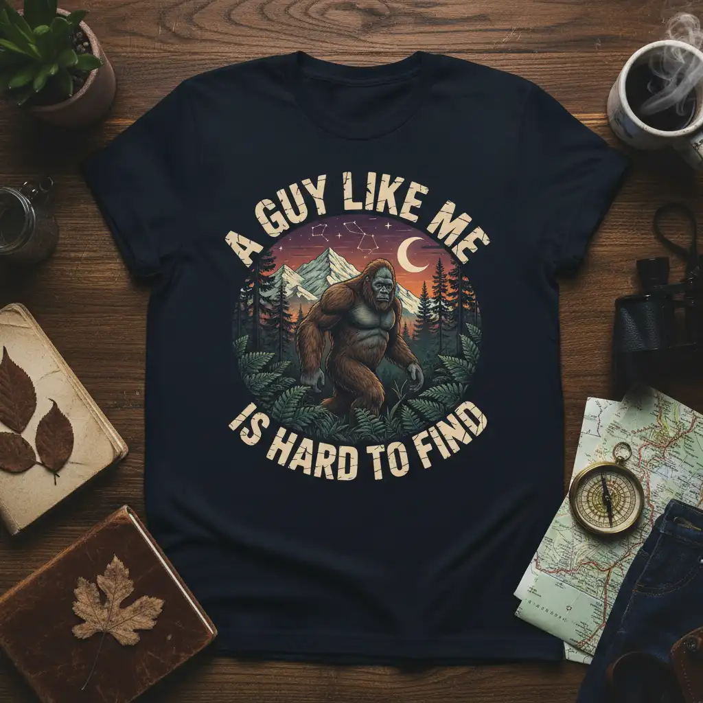 A Guy Like Me Is Hard To Find quote with Bigfoot graphic, forest night scene, stars, moon, and mountains