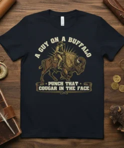 A Guy on a Buffalo Punch That Cougar in the Face t-shirt design with a cowboy riding a buffalo