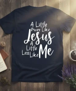 Navy blue t-shirt with white text that reads "A Little More Like Jesus A Little Less Like Me" in a