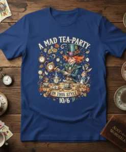 T-shirt design featuring "A Mad Tea-Party In This Style 10/6" with the Mad Hatter pouring tea, surrounded by clocks and