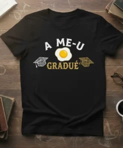 A ME-U GRADUÉ graduation t-shirt with an egg and graduation caps graphic