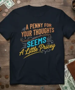 A Penny For Your Thoughts Seems A Little Pricey funny quote t-shirt with orange, blue, and yellow text