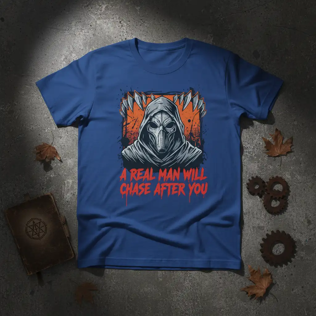 A Real Man Will Chase After You quote t-shirt design with a hooded figure and orange graphic