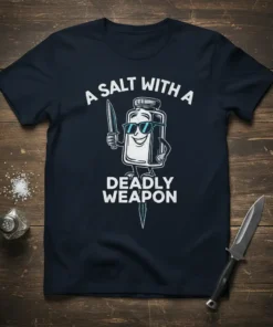 A Salt With A Deadly Weapon T-Shirt featuring a cartoon salt shaker holding a knife, wearing sunglasses, with bold white