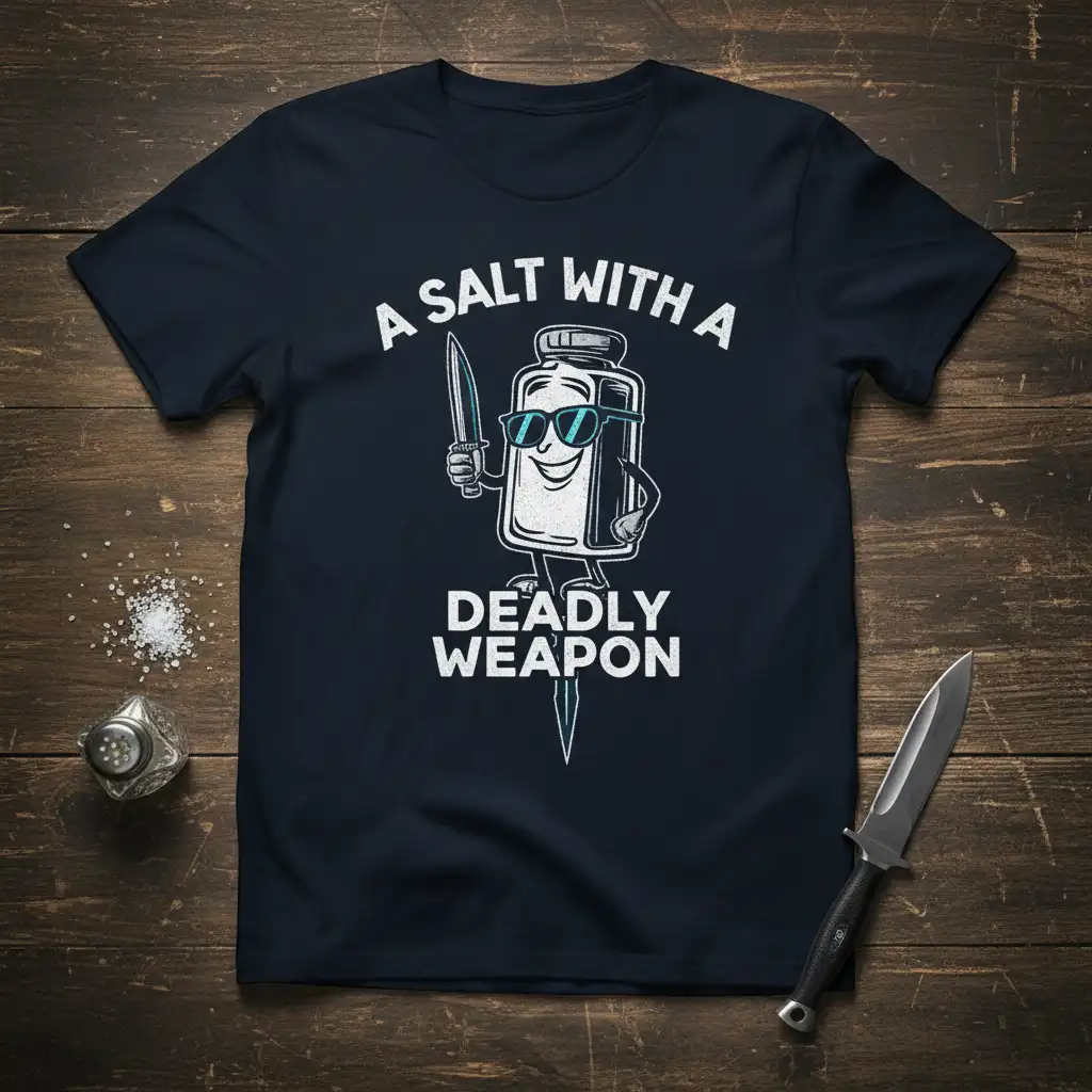 A Salt With A Deadly Weapon quote design featuring a cartoon salt shaker with a knife and sunglasses, bold white text