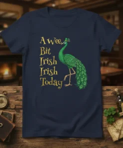 A Wee Bit Irish Irish Today text with a green peacock wearing a shamrock hat on a navy t-shirt