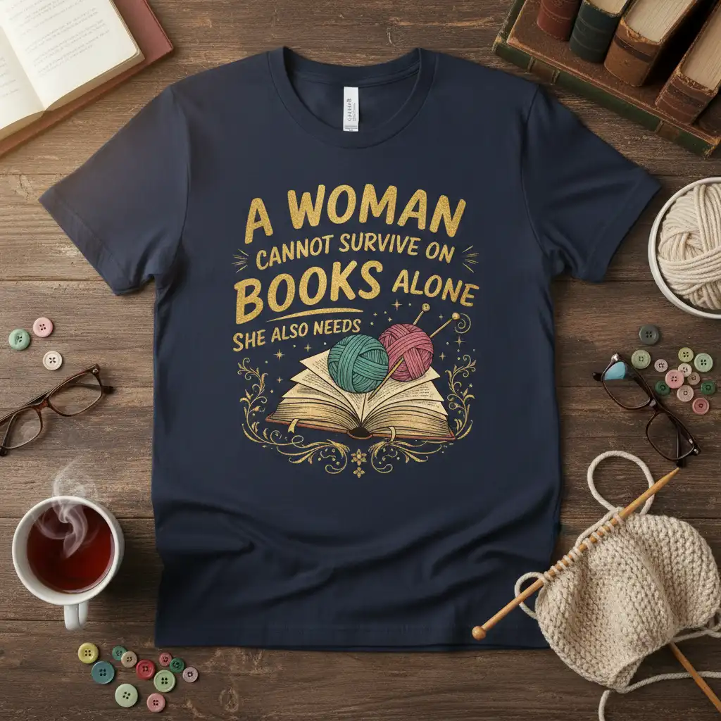 A WOMAN CANNOT SURVIVE ON BOOKS ALONE SHE ALSO NEEDS quote with open book and yarn graphic on navy shirt
