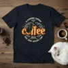 Quote "A Woman Cannot Survive On Coffee Alone She Also Needs Cats" with a black cat and coffee beans graphic