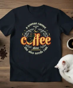 Quote "A Woman Cannot Survive On Coffee Alone She Also Needs Cats" with a black cat and coffee beans graphic