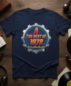Retro "A The Best of 1972" graphic t-shirt design with vintage gear and equalizer elements