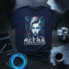 A.C.T.A.S. Senior Art Director T-Shirt design with futuristic female character and bold text "A.C.T.A.S. A SENIOR ART DIRECTOR SPECIALIZING IN
